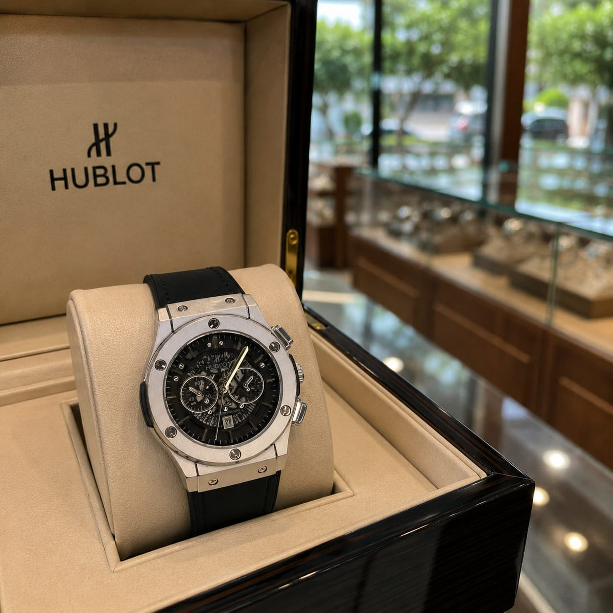 Hublot Black Skeleton Chronograph Luxury Watch – Stainless Steel & Black Strap