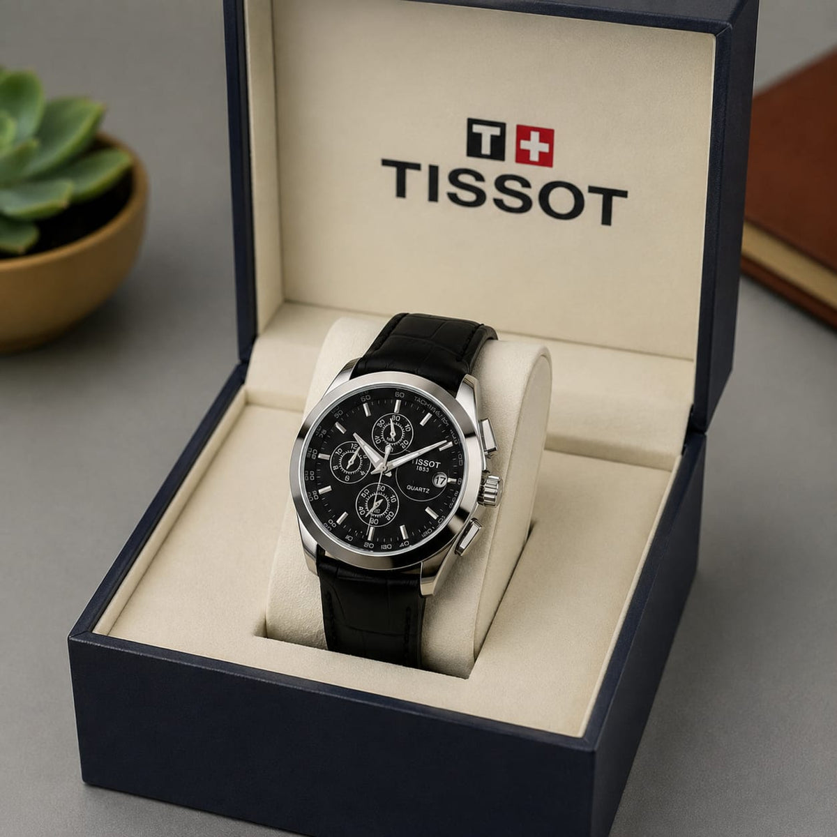 Tissot Black Dial Chronograph Luxury Watch – Stainless Steel & Leather Strap