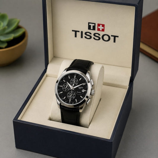 Tissot Black Dial Chronograph Luxury Watch – Stainless Steel & Leather Strap