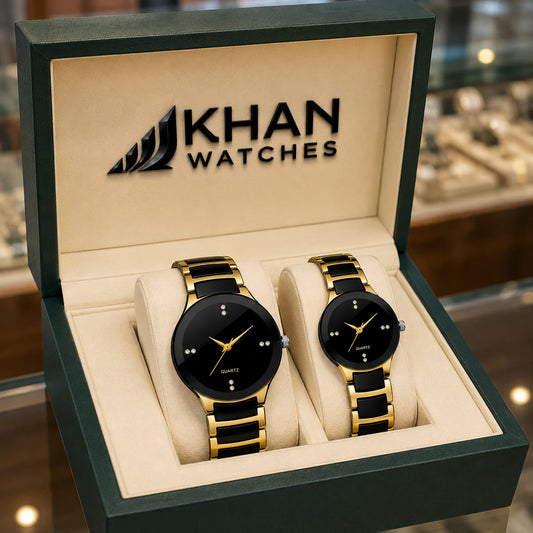 Elegant Black & Gold Couple Watch Set