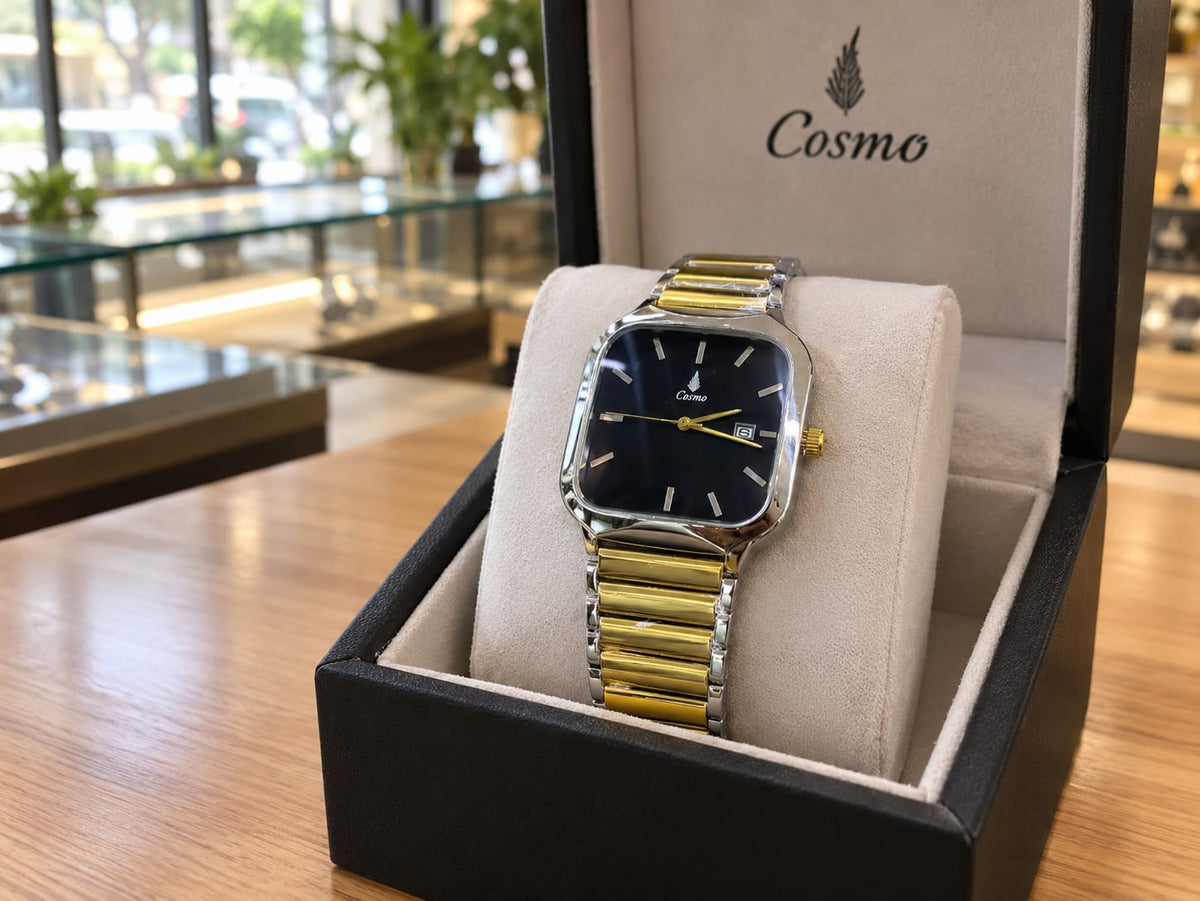 Cosmo Luxury Two-Tone Square Dial Watch – Black & Gold