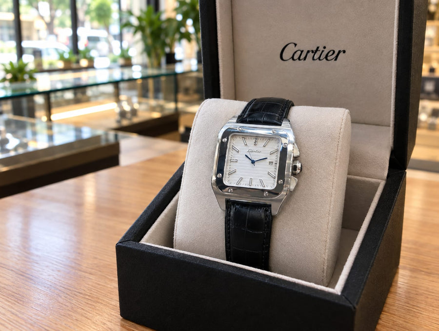 Luxury Square Chronograph Style Watch – White Dial & Black Leather Strap — image 1