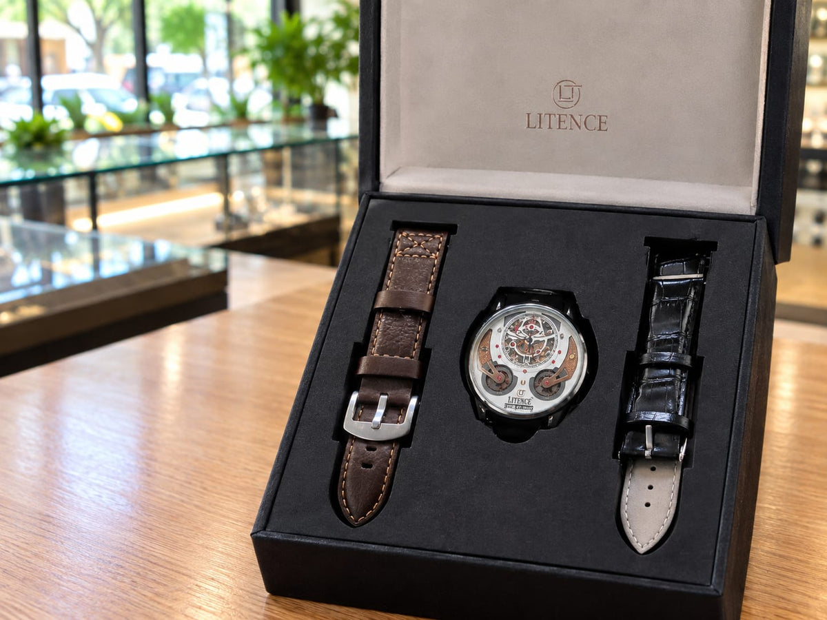 LITENCE Luxury Skeleton Watch Gift Set – 2 Interchangeable Straps