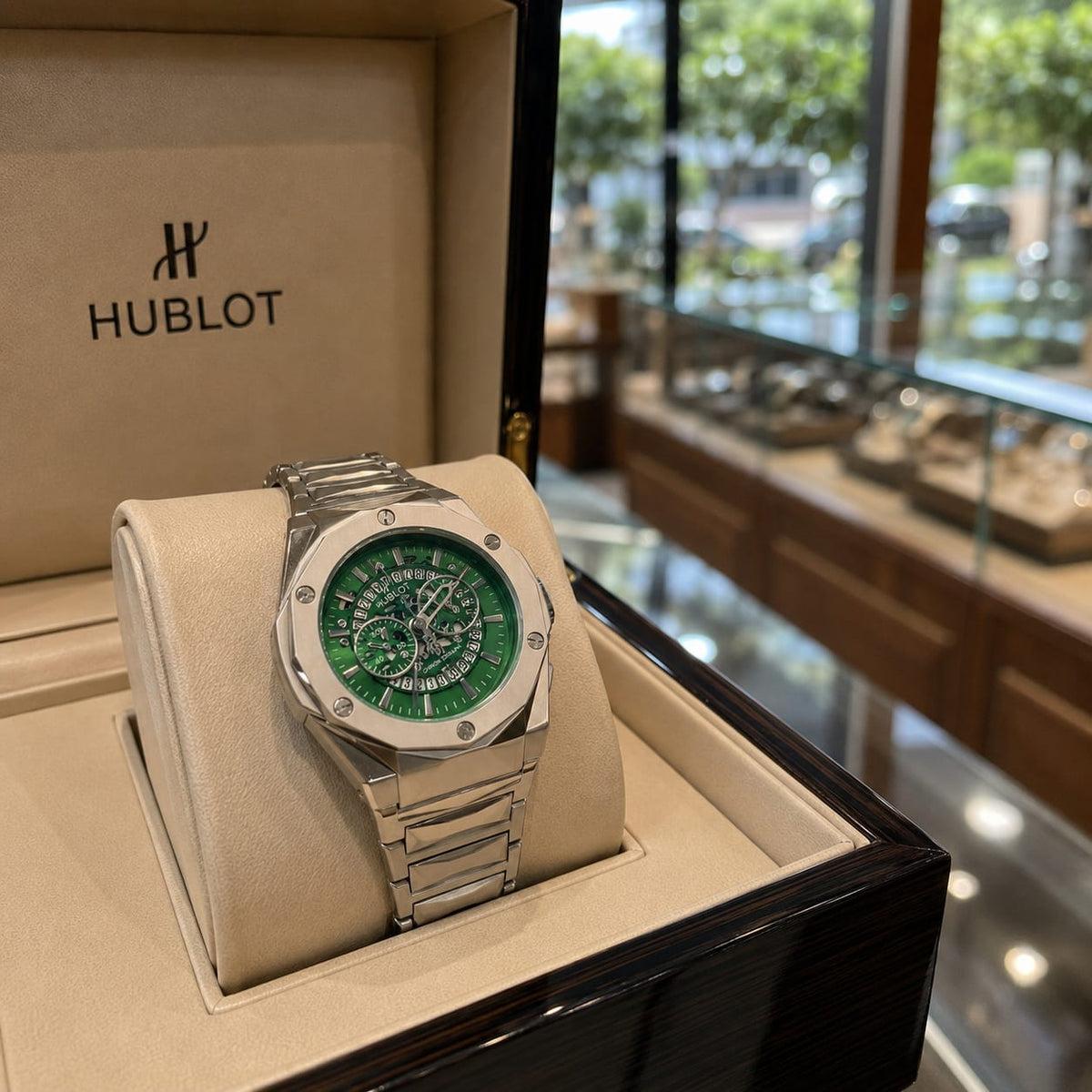 Hublot Green Dial Chronograph Stainless Steel Luxury Watch
